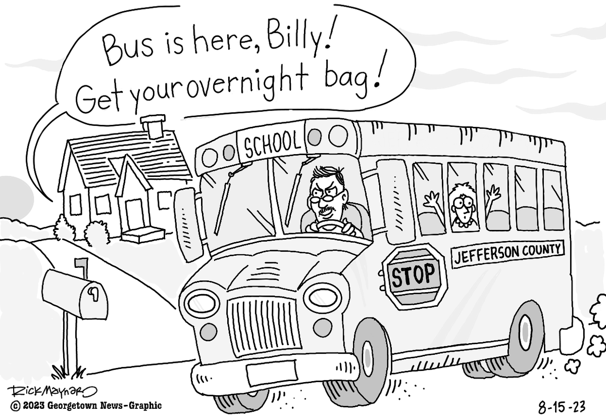 cheapshot89's tweet photo. 8-15-23: Georgetown News-Graphic cartoon. (Submitted, not published.) Maybe my favorite cartoon of the year so far. Lol. #JeffersonCounty #Louisville #JeffersonCountySchools #SchoolBusDrama #SchoolBus #cartoon #EditorialCartoon https://t.co/1Lw2lhdfXA