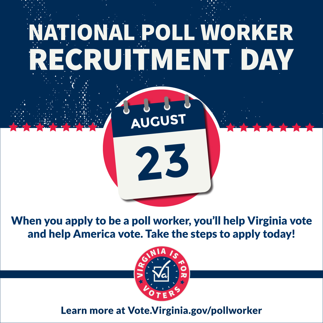 Today is National Poll Worker Recruitment Day. Virginia relies on thousands of poll workers to make every election run smoothly. Help your neighbors vote in November by applying to be a poll worker. Visit elections.virginia.gov/officer to learn more.
#HelpVirginiaVote #HelpAmericaVote