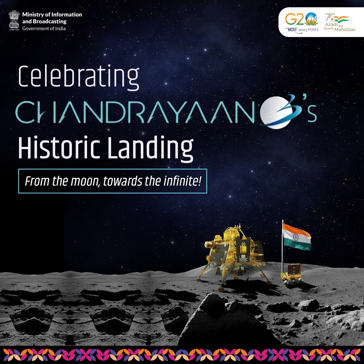 MIB_India's tweet photo. ''Hello Moon!'' - Says #Chandrayaan3

''Congratulations India'' - Says the rest of the World

India scripts history, becomes the first nation to land on the South Pole of #Moon 🇮🇳

@isro's #Chandrayaan3 leaves imprints of 1.4 billion hearts on Moon's South Pole, a moment of eternal glory that will be etched forever in India's Space Odyssey!🇮🇳

Congratulations India!🇮🇳

#ProudDay
#Chandrayaan3Landing
#Chandrayaan_3
