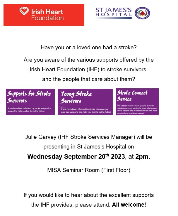 Looking forward to this talk in four weeks! Thank you <a href="/Irishheart_ie/">Irish Heart Foundation</a> <a href="/stjamesdublin/">St James's Hospital</a> #stroke Please message me with any queries. All welcome!