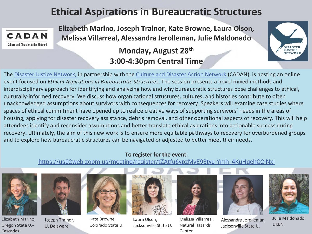 Risk&DisasterTIG (@riskdisastertig) on Twitter photo Register for "Ethical Aspirations in Bureaucratic Structures" with <a href="/disasterjustice/">Disaster Justice Network</a>, <a href="/CultureDisaster/">Culture and Disaster Action Network</a>, <a href="/EnviroAnth_prof/">elizabeth marino</a>, <a href="/jetrainor/">Joe Trainor</a>, Kate Browne, <a href="/lauralynnolson1/">LauraOlson</a>, <a href="/vrreal_mel/">melissa villarreal</a>, Alessandra Jerolleman, & Julie Maldonado on 8/28 at us02web.zoom.us/meeting/regist…. #Anthropology #EMGTwitter Register for "Ethical Aspirations in Bureaucratic Structures" with <a href="/disasterjustice/">Disaster Justice Network</a>, <a href="/CultureDisaster/">Culture and Disaster Action Network</a>, <a href="/EnviroAnth_prof/">elizabeth marino</a>, <a href="/jetrainor/">Joe Trainor</a>, Kate Browne, <a href="/lauralynnolson1/">LauraOlson</a>, <a href="/vrreal_mel/">melissa villarreal</a>, Alessandra Jerolleman, & Julie Maldonado on 8/28 at us02web.zoom.us/meeting/regist…. #Anthropology #EMGTwitter