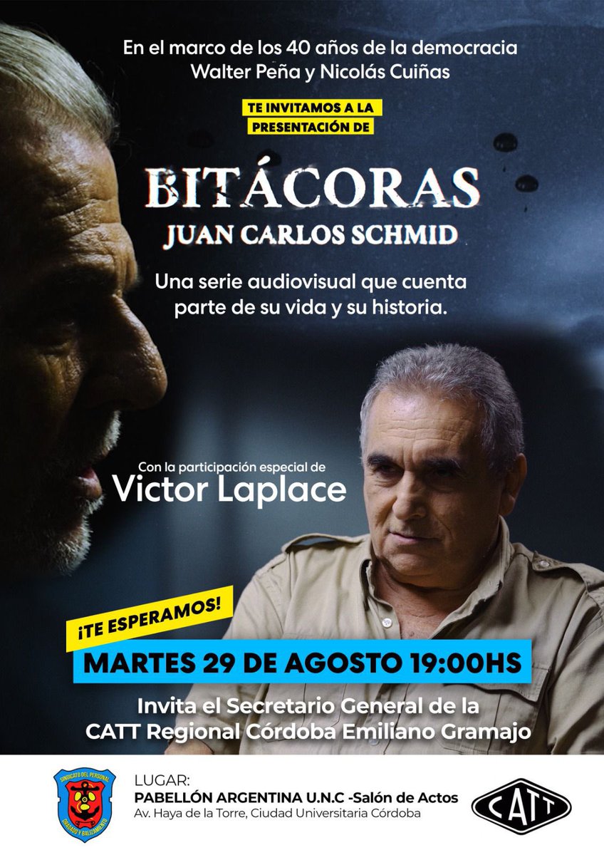 JuanCSchmid's tweet photo. Les comparto el encuentro que haremos #Bitacoras en conjunto con la Regional @CATT_Cordoba q encabeza el cro @emigramajo, en el Salón de Actos de la @unc_cordoba. Un espacio cultural y de intercambio político en el marco de los 40 años de la vuelta de la #democracia #sindicatos https://t.co/7F9sJTMRej