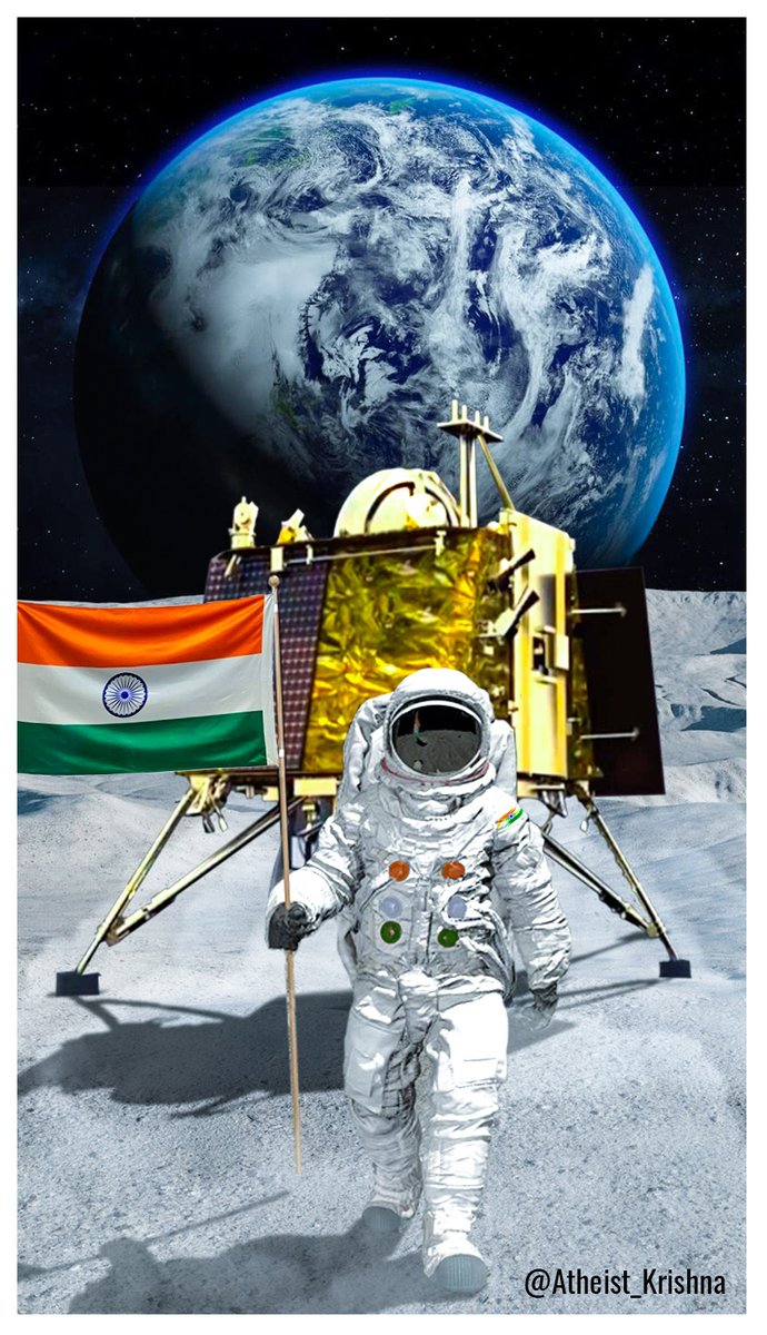 Atheist_Krishna's tweet photo. CONGRATULATIONS ISRO &amp; ALL THE INDIANS AROUND THE WORLD.

WE HAVE MADE HISTORY BY BECOMING THE 1ST COUNTRY ON THIS PLANET TO HAVE LANDED ON THE SOUTH-POLAR REGION OF THE MOON.

JAIN HIND 🇮🇳 https://t.co/UhcqrJ3WM1
