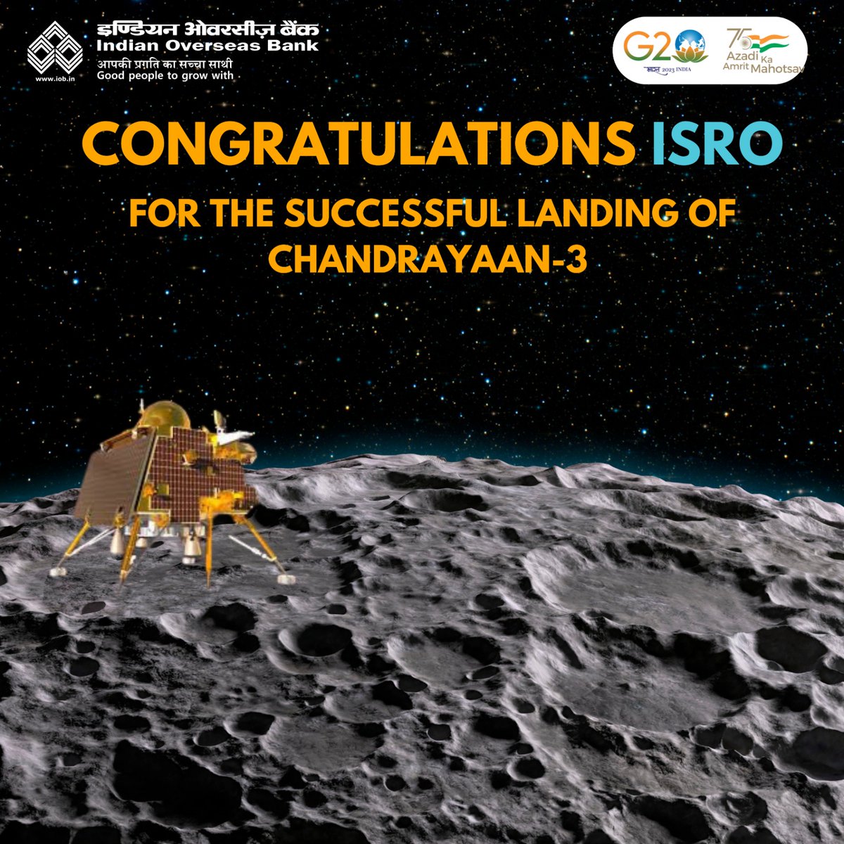IOBIndia's tweet image. &quot;IOB feels proud and emphatic in congratulating Chandrayaan 3 and the incredible team at ISRO on their historic moon landing! Your dedication, innovation, and perseverance have taken India&apos;s space exploration to new heights. This remarkable achievement is an inspiration to us…