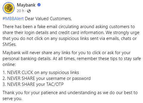NewsBFM's tweet photo. 1. Maybank has issued a warning to its customers about a fake email that scammers are using to get login details and credit card information.

The email claims that many customers have had their accounts locked for security reasons.

It also includes a fake login button. https://t.co/Pl7aFjVGkZ