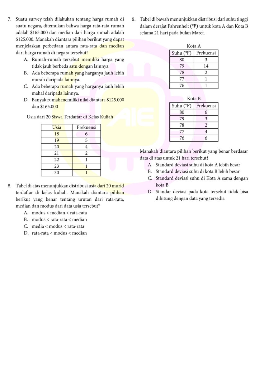 📍Latihan SNBT 2024📍
📝---- Statistika ----📝

Ada yang cuma butuh 3 bulan buat dapet skor 800 di SNBT, tapi gaada salahnya nyicil belajar dari sekarang

Cobain yuk sambil nunggu pembahasannya!

#studytwt #ambiverse #studyacc #AMBISVERSE
#SNBT2024