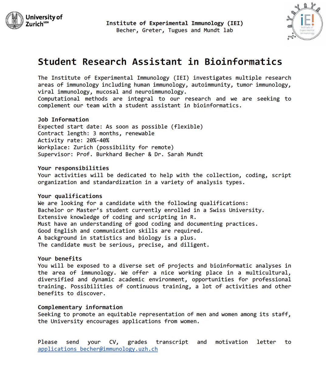 We are hiring! The  @BecherLab, <a href="/TuguesLab/">TuguesLab</a>, Greter and Mundt labs are looking for a student research assistant in Bioinformatics <a href="/UZH_en/">University of Zurich</a>
tinyurl.com/2p8vf7r8