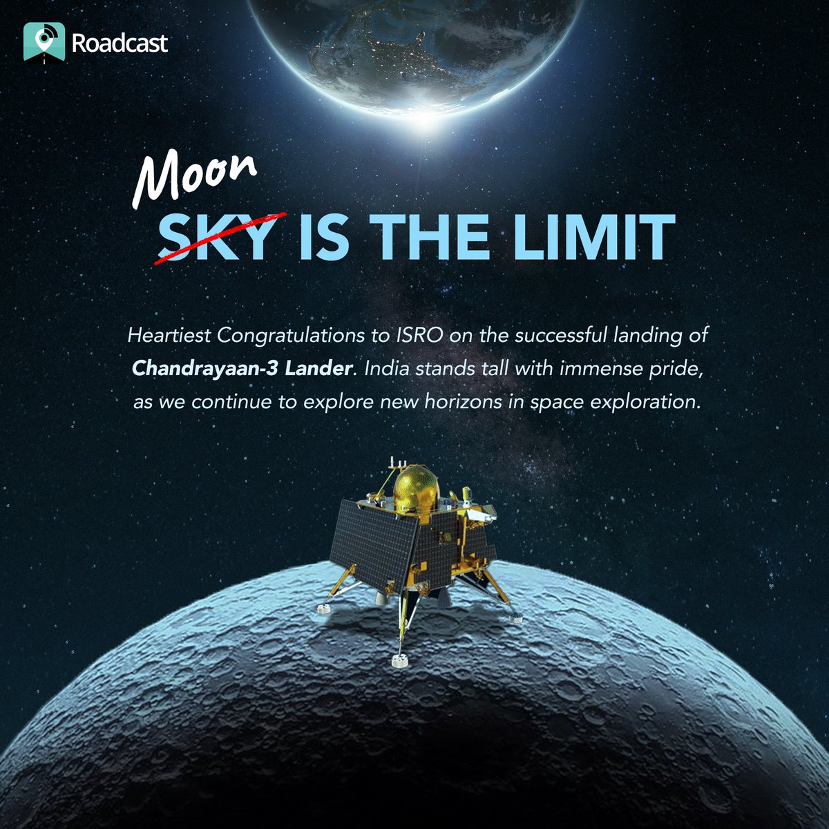_roadcastapp's tweet photo. Congratulations to @isro on the successful touchdown of Chandrayaan 3's lander. With unwavering pride, India forges ahead, charting new frontiers in the realm of space exploration.

#chandrayaan3 #isro #isroindia #vikramlander #pride #success https://t.co/gEAcMUAzzg