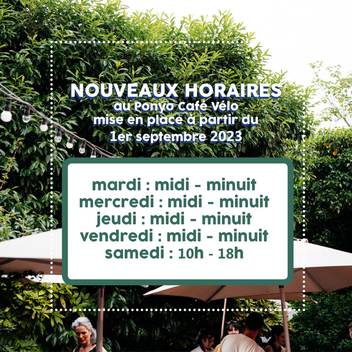 Dès le 1er septembre, de nouveaux horaires sont mis en place au Ponyo pour repondre à l'affluence réelle du lieu ! 
Notez-les !
D'ici là, horaires habituels visibles sur Google et le site.