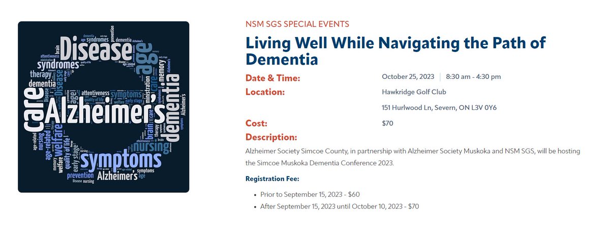 Join #NSMSGS, <a href="/AlzheimerSimcoe/">AlzheimerSimcoe</a> and <a href="/alzmuskoka/">Alzheimer Society of Muskoka</a> on October 25, for the Simcoe Muskoka Dementia Conference 2023, taking place at Hawkridge Golf
Course. 

Register here: nsmsgs.ca/events/living-…

#dementia