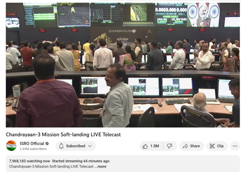 CKmatics's tweet photo. C O N G R A T U L A T I O N S INDIA ISRO !!!!! #Chandrayaan3 a successful soft landing. #Chandrayaan3Landing

Amazing.... Nearly 6M watched live !!!!
https://t.co/yMLoHKWfy2 https://t.co/ZbLqoCwGY2