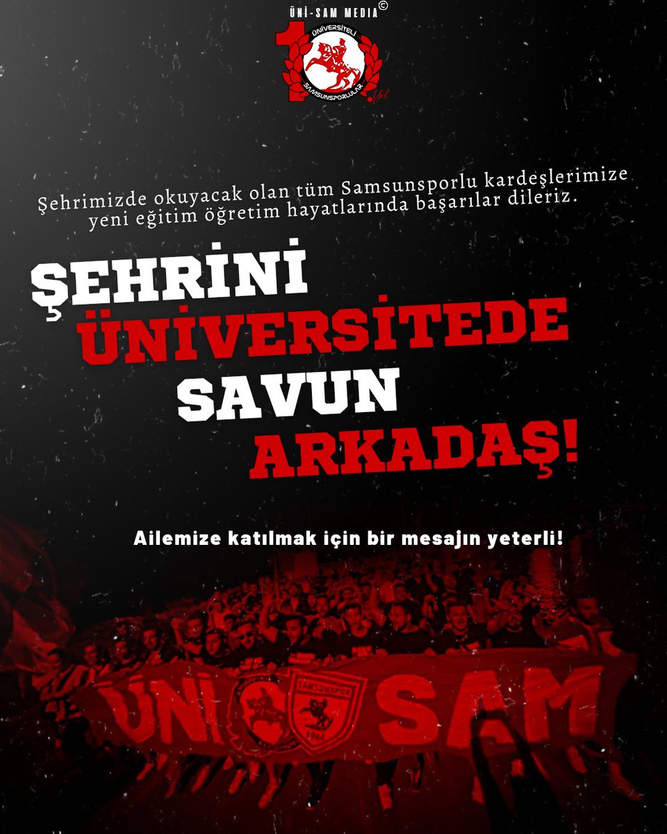 Sen, Samsunsporlu Arkadaş, Kampüsünde Şanlı Armadaki Atatürk'ün izinde mücadele etmek istiyorsan bize katıl!

#BirŞehirDüşünTümKampüslerde
#ÜlkeninDörtBirYanında
#ÜniSam
#Antalya 
#akdenizüniversitesi
#antalyabilimüniversitesi