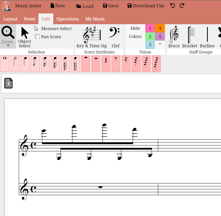 Multiple voices in #musicnotation is common. Still more to do, but it's fun to see progress. Music Jotter is going to support up to 5 voices. Mainly because it makes the ribbon look even.

Early access users can work with me around spacing rules and enhancements!