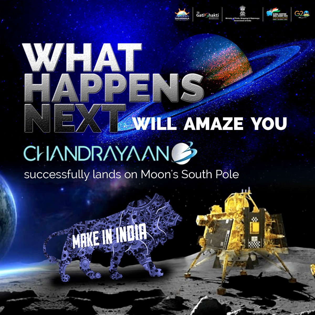 🇮🇳 Chadrayaan, Reaches the Moon!

Congratulations to <a href="/isro/">ISRO</a> on #Chandrayaan3 's successful moon landing! India becomes the 4th nation to achieve a soft landing on the moon &amp; the 1st to conquer uncharted south pole of the moon.

Get ready, because what happens next will amaze you!
