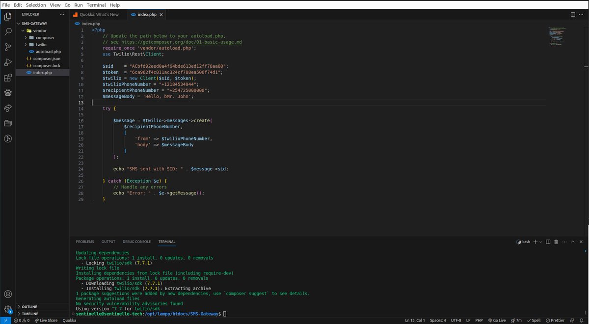 SentinelleTech1's tweet image. Developing a php application to send an sms from the #Linux OS. This is a sample of SMS Gateway development basics that we are currently training
#ProgrammingIsFun
