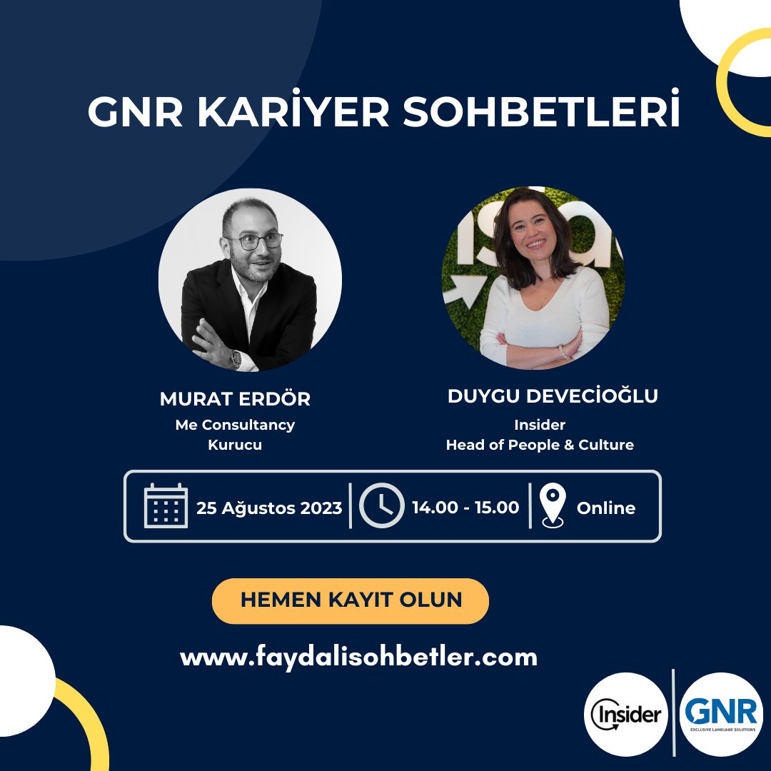 GNR Kariyer Sohbetlerinde 25 Ağustos Cuma günü saat 14.00'de Insider'dan Duygu Devecioğlu ile çalışan bağlılığı, haftada 4 gün çalışma, hibrit modeller, Z kuşağı, çalışma hayatının geleceği ve yabancı dilin iş hayatındaki önemi hakkında sohbet edeceğiz. faydalisohbetler.com/event/gnr-kari…