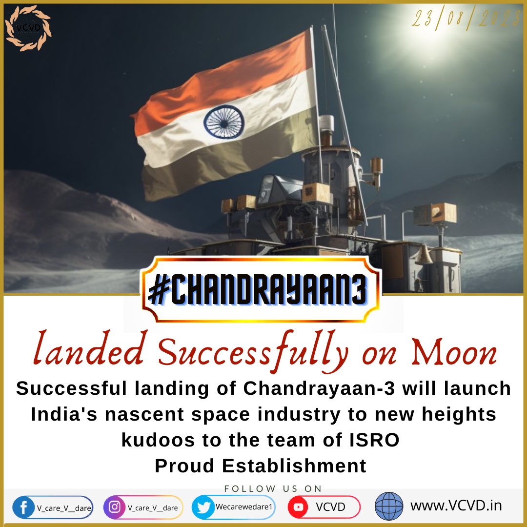 WeCareWeDare1's tweet photo. #Chandrayaan3 landed successfully on moon
#isrochandrayaan3mission #Chandrayaan3Landing #vcvd #vcvdians https://t.co/CTIvHNosr2