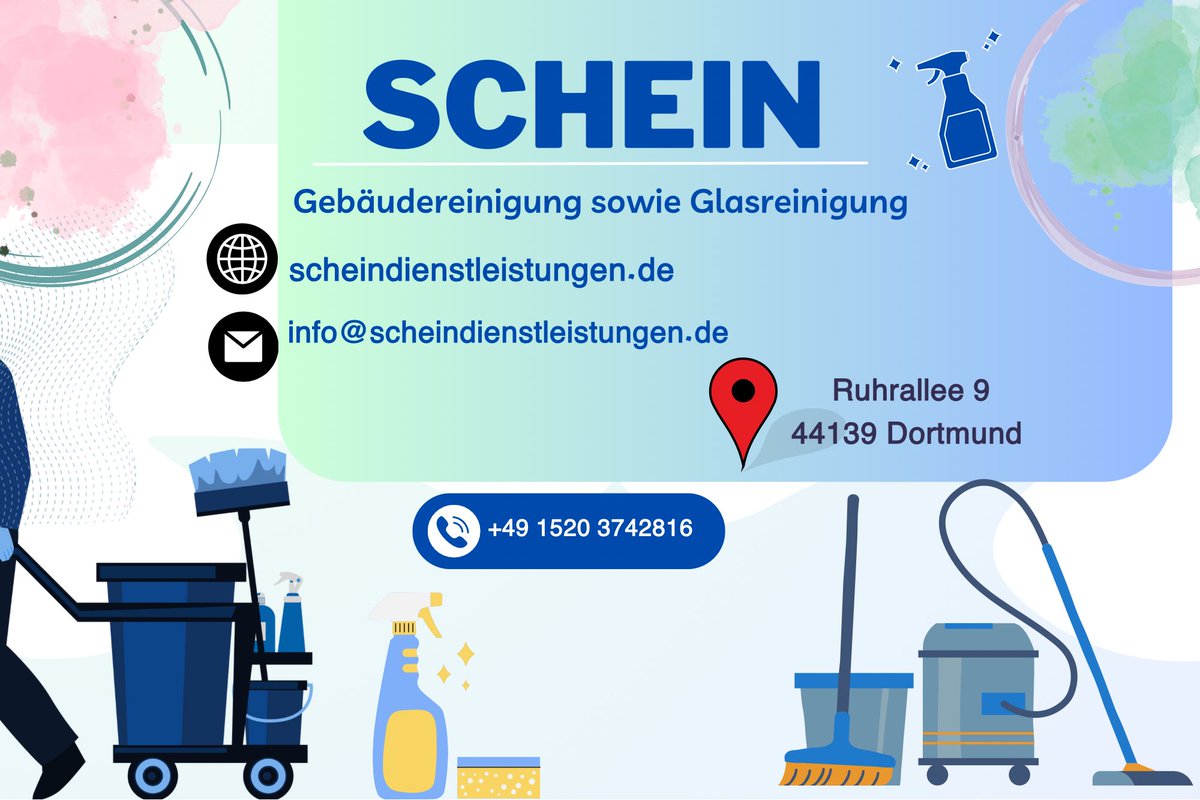 Schein Reinigungsservice  
RUHRALLEE 9
44139 DORTMUND 
#schein
#Scheindienstleistungen 
#büroreinigung
#praxisreinigung
#teppichreinigung
#treppenhausreinigung
#MessiWohnungen 
#Entrümpeln 
#Verunreinigungen 
#dortmund 
#Glasreinigung  #Fensterputzen