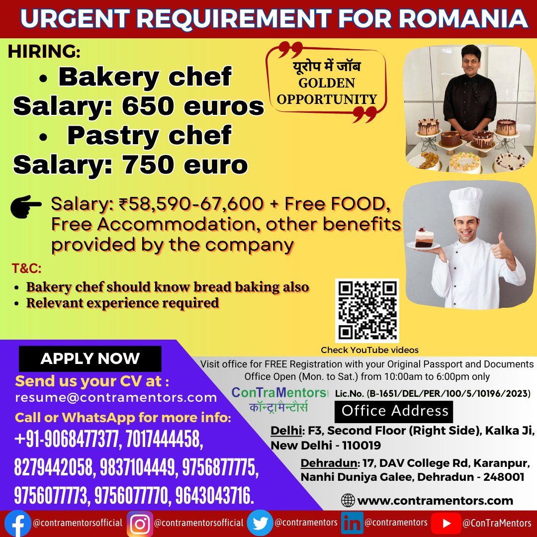 contramentors's tweet photo. เคฏเฅเคฐเฅเคช เคฎเฅเค เคเฅเคฌ (golden opportunity abroad)
Urgent Requirement for #Romania #Europe
Positions:
#Bakerychef = Salary: 650 euros
#Pastrychef = Salary: 750 euro
Salary: โน58,590-67,600 + Free FOOD, Free Accommodation
#ctm
#jobhunting #hiringnow #jobsearch #TwitterX #twitterclarets https://t.co/do66LVE69Z