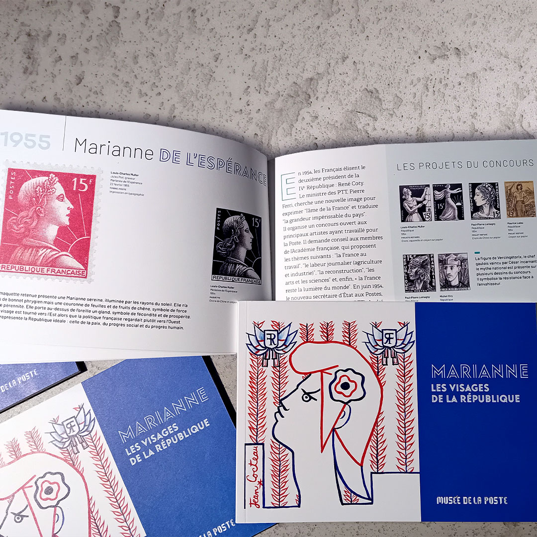 museepostal's tweet photo. L’exposition "Marianne, les visages de la République" (jusqu’au 15/01/2024) a désormais son catalogue !
52 pages rédigées par sa commissaire Monika Nowacka avec les visuels de toutes les #Marianne depuis 1944 : le #timbre, le(s) maquette(s) et les projets refusés. 12 €. #museum https://t.co/yaBKgjgNuX