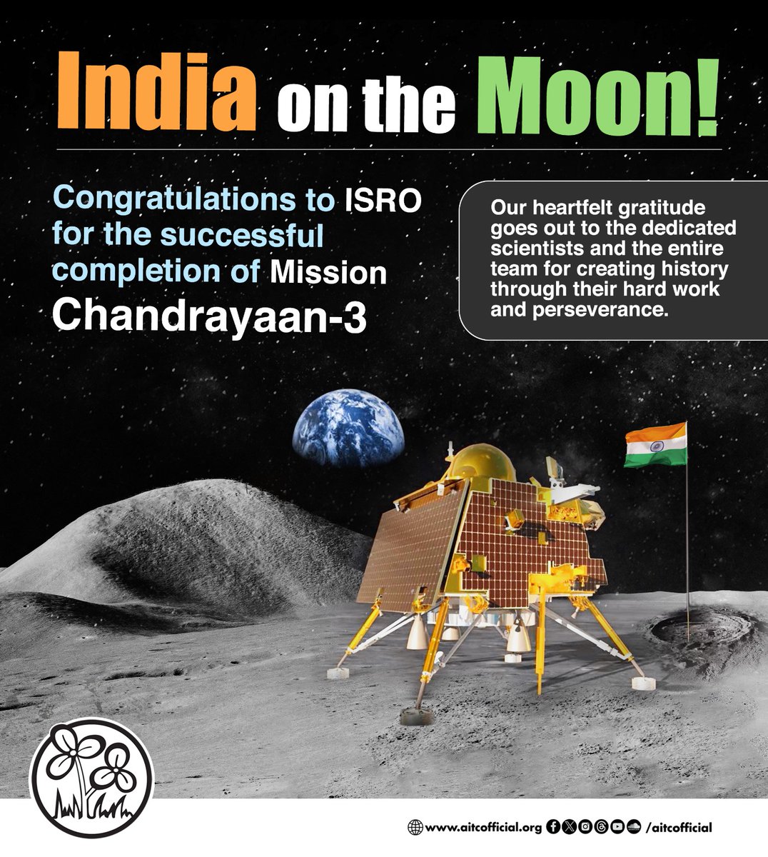 AITCAPD's tweet photo. A Proud Moment for Every Indian!

Heartiest congratulations to @isro for accomplishing such a monumental achievement.

Our best wishes to Team Chandrayaan-3 for their endless contributions towards creating history! https://t.co/MXUGTFqJDm