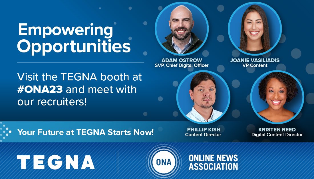Who else is headed to #ona23?? 

I'll be there! 🙋‍♀️ With some amazing digital <a href="/TEGNA/">TEGNA</a> leaders including <a href="/JoanieVas/">Joanie Vasiliadis</a> + <a href="/adamostrow/">Adam Ostrow</a> 

Want to learn about journalism opportunities on #teamTEGNA? Fill this out to get on our radar: lnkd.in/gqgnxpCC

#journalismjobs #NowHiring