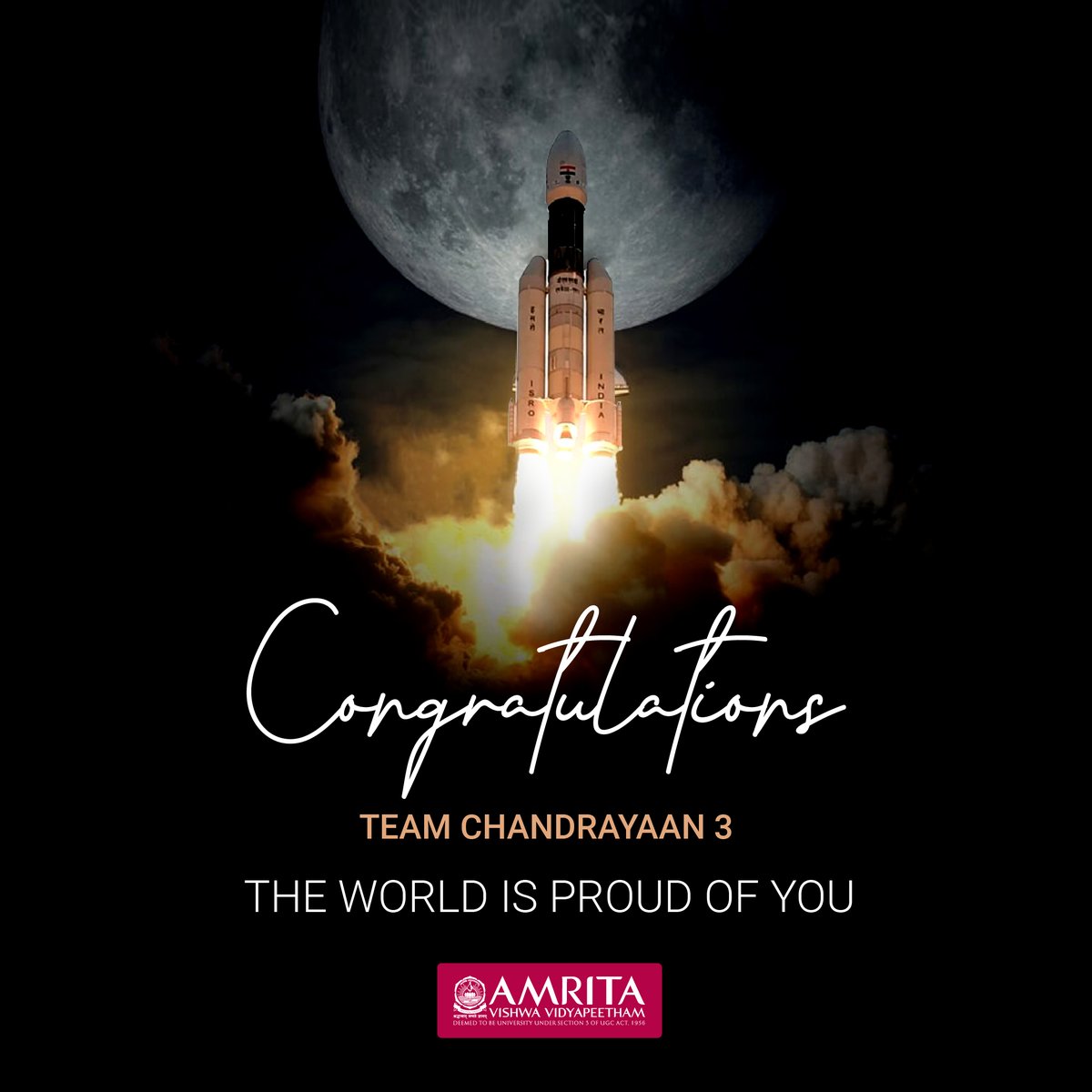 Our wishes and congratulations to <a href="/ISRO/">ISRO</a>! Chandrayaan 3's Vikram lander successfully lands on Moon. This feat makes #India the 4th country to make soft landing on lunar surface.

#Chandrayaan #IndiaOnMoon #moon #vikram #Amrita #ISRO #AmritaUniversity #AmritaVishwaVidyapeetham