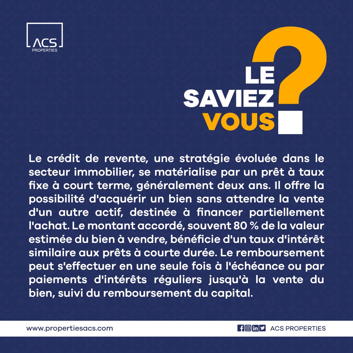 #CréditDeRevente #ImmobilierAvancé #PrêtÀTauxFixe #FinancementImmobilier #AcquisitionSansAttente #StratégieImmobilière #CourtTerme #TauxIntérêtSimilaire #FinancementPartiel #ValeurEstiméeDuBien #MontantAccordé #ACSProperties #ACS