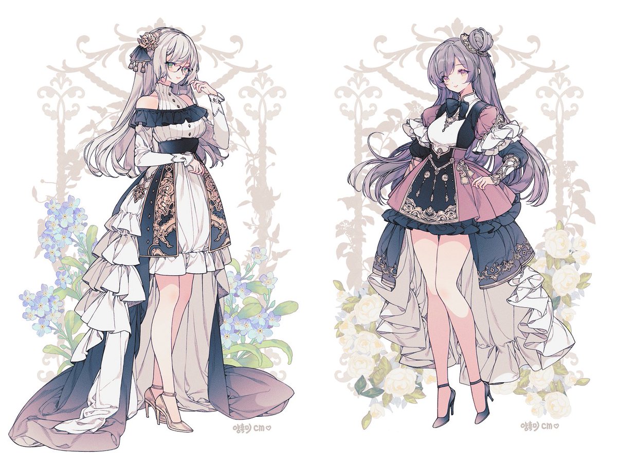 multiple girls 2girls high heels dress long hair flower grey hair  illustration images