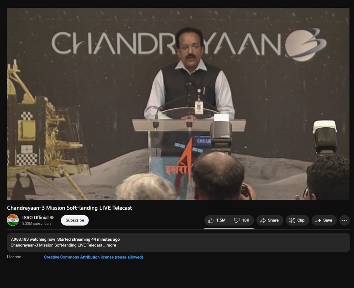 ktsinghrajput's tweet photo. "HISTORY MADE TODAY"
INDIA IS THE FIRST COUNTRY TO SUCCESSFULLY LAND ON 🌙 SOUTH POLE.
8 million people watching live..
#Chandrayaan3 #Chandrayaan3Landing #isrochandrayaan3mission #ISRO #ISROIsTheBestSpaceAgencyInTheWorld https://t.co/AXroOjrPV3