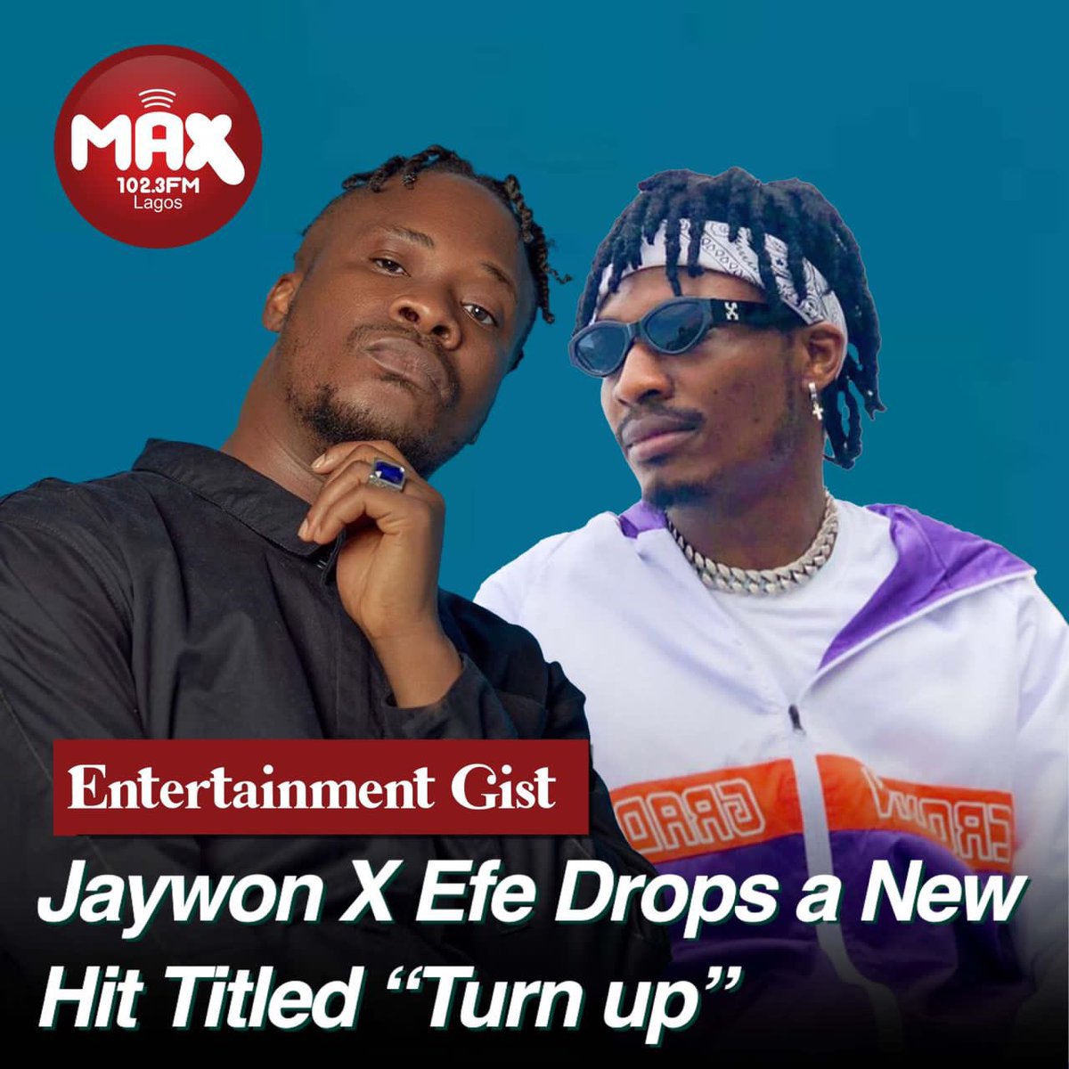 Max1023FM's tweet photo. It’s time to turn up the energy!
@JAYWONJUWONLO and @EfeMoney’s new hit titled “Turn Up” is a certified jam that’s about to take over your playlists 🔥🔥
Go Stream Now!!!
.
.
.
#newsongalert #efemoney #jaywon #turnup https://t.co/0daMUV1wI6