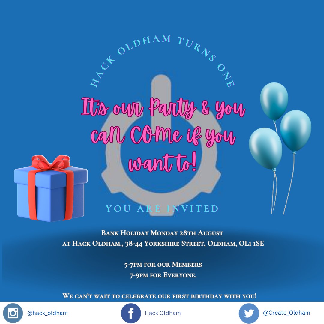 Create_Oldham's tweet photo. MONDAY 28th August - Hack Oldham turns One π₯³
Come celebrate with us π
Venue:
Hack Oldham, 38-44 Yorkshire Street, Oldham, OL1 1SE
Time:
5-7pm for Members
7-9pm for Everyone π
Hack Oldham π
#hackoldham #greatermanchester #firstbirthday #oldhamhour #photooftheday #party https://t.co/V2v5TLuqdb