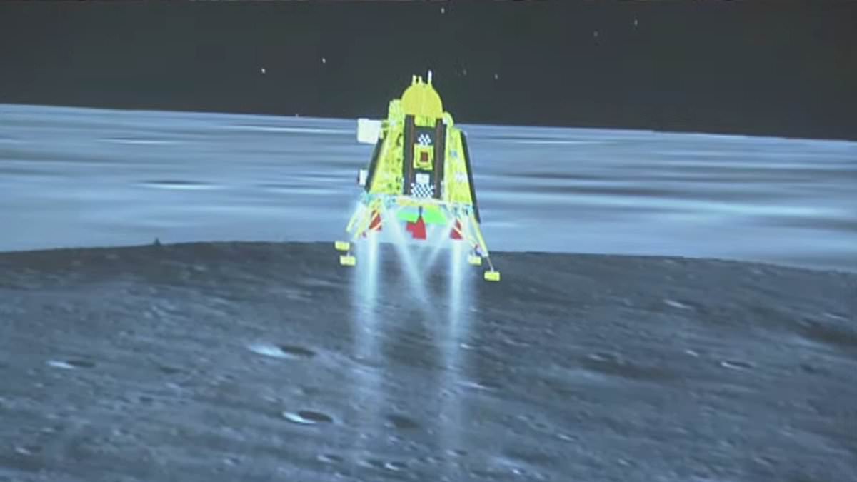 DailyMail's tweet photo. India's Chandrayaan-3 makes history by landing on the moon's South Pole for the first time - beating Russia, China and the USA https://t.co/PxxJKMkZTy https://t.co/K75UudSLAF
