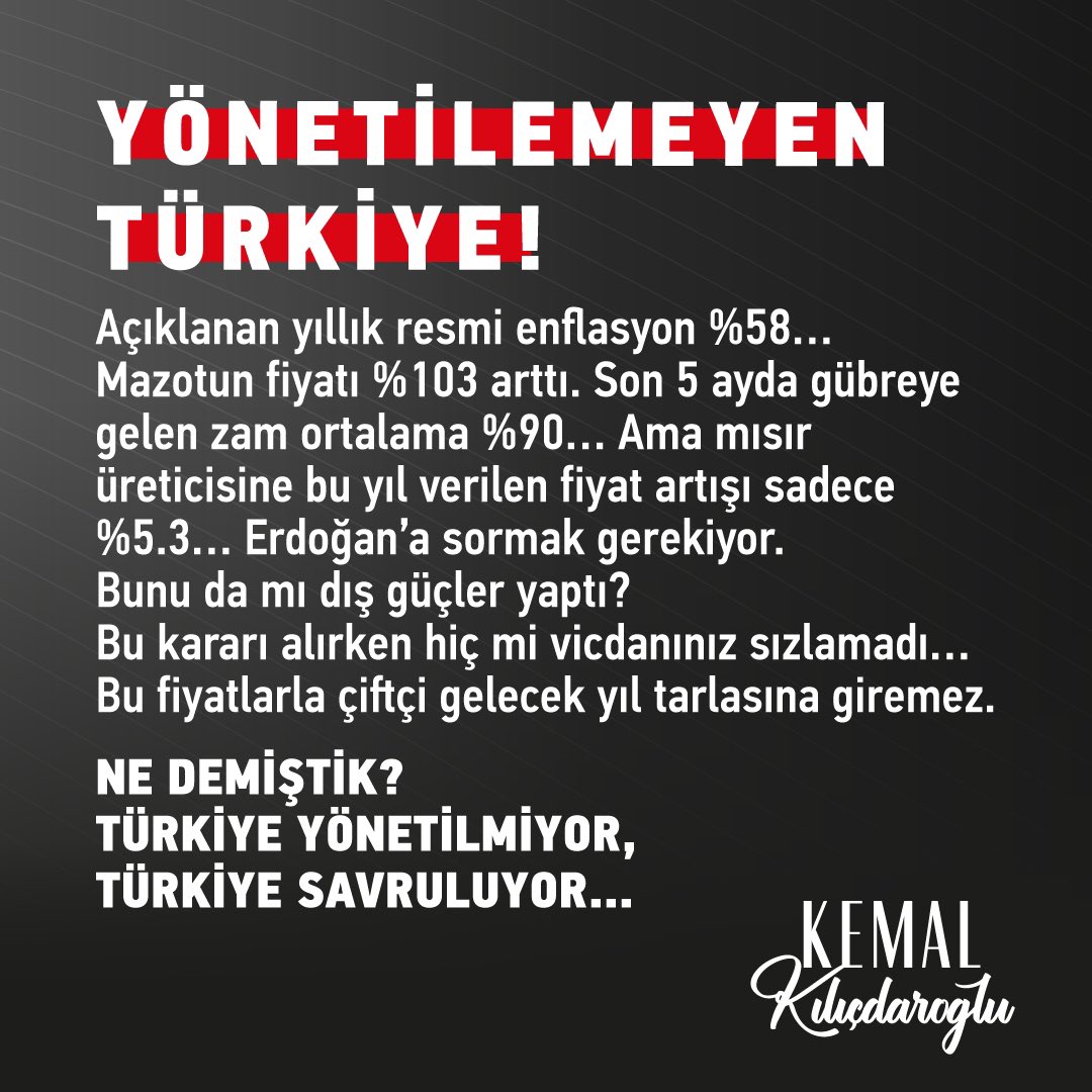 Açıklanan yıllık resmi enflasyon %58…
Mazotun fiyatı %103 arttı.
Son 5 ayda gübreye gelen zam ortalama %90… Ama mısır üreticisine bu yıl verilen fiyat artışı sadece %5.3…
Erdoğan’a sormak gerekiyor.
Bunu da mı dış güçler yaptı? Bu kararı alırken hiç mi vicdanınız sızlamadı…