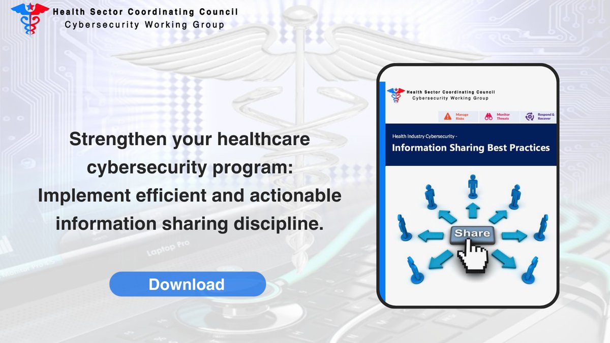 HealthCyberWG's tweet photo. Drowning in cybersecurity risk information? Use this free resource of best practices for efficient and actionable information sharing among healthcare and public health organizations.

Download the Information Sharing Best Practices document here: https://t.co/ySKhdquU4i https://t.co/ul0503fldE