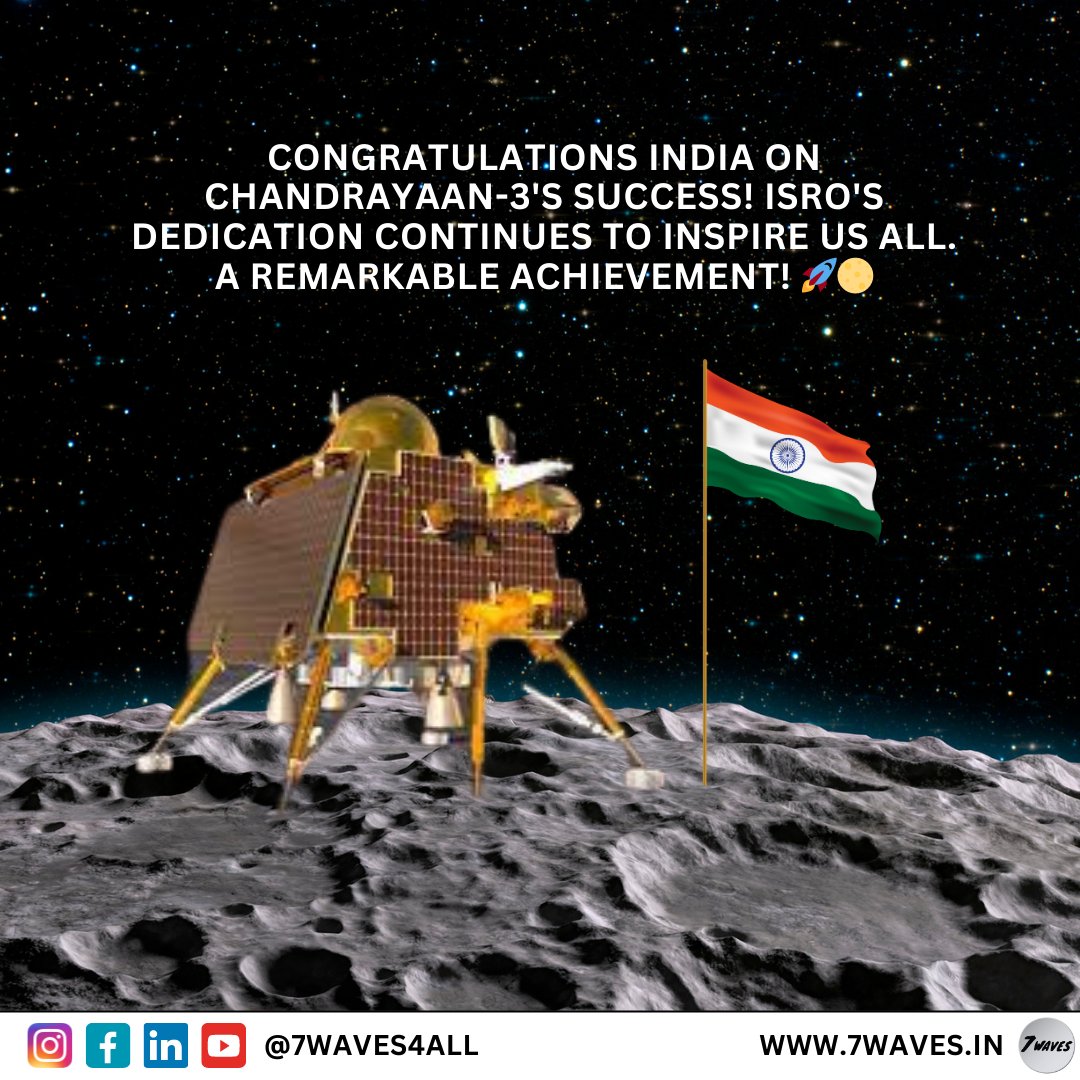 7Waves4All's tweet photo. 🎉 Congratulations to India and ISRO on the triumphant success of Chandrayaan-3 mission! 🚀🌕   #Chandrayaan3 #ISRO #SpaceExploration #ProudMoment
#Chandrayaan3Success #ISROTriumph #SpaceExplorationMilestone #ProudOfISRO #IndianSpaceAchievement #InspiringScience https://t.co/IoM5ldYURi