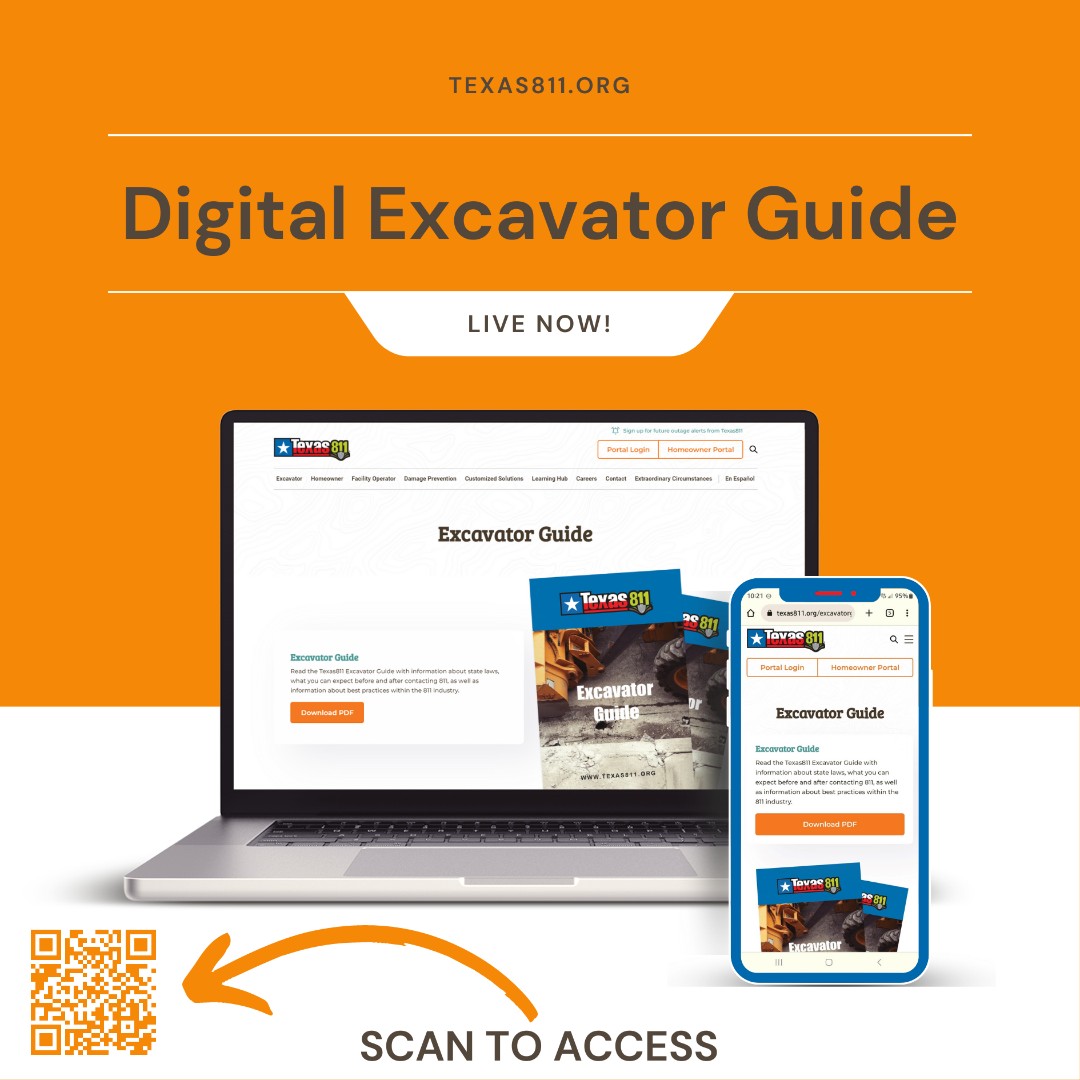 texas811's tweet image. Excavators: Your expertise shapes the landscape. Knowledge is power. Access our digital Excavator Guide by clicking the link below. 

For more info, visit: texas811.org/excavatorguide

#Texas811 #EveryDigCounts #KnowWhatsBelow