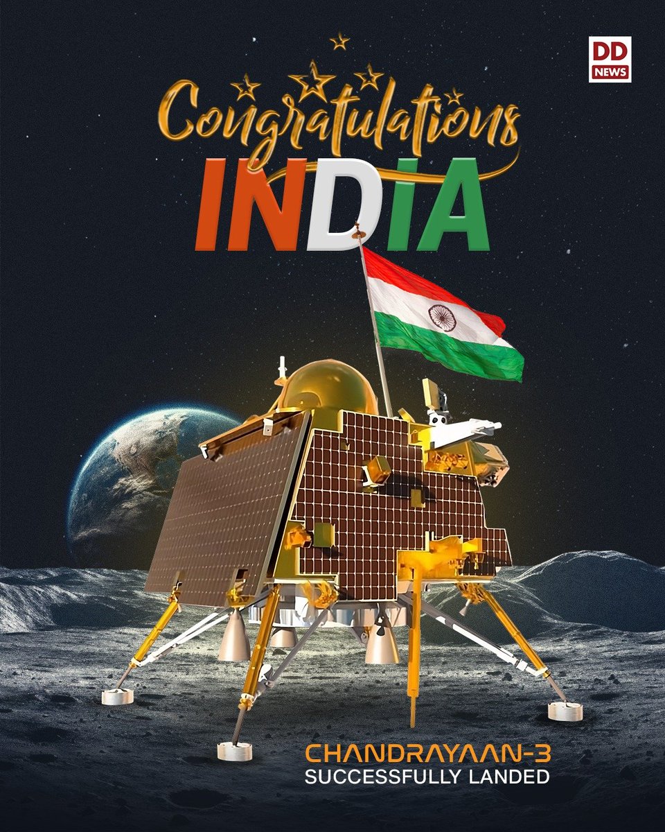 DDNewslive's tweet photo. We're on the moon! 

India become the first country to make a soft-landing on the South Pole of the moon. 

@isro #Chandrayaan3Landing #ISRO #IndiaOnTheMoon #MoonMission