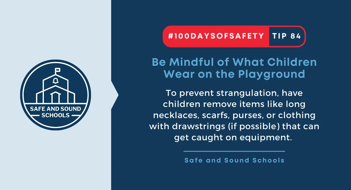 In addition to being mindful of what children wear on the playground, remember to do a sweep of the playground for any hazardous materials (like broken glass or faulty equipment). #100DaysOfSafety