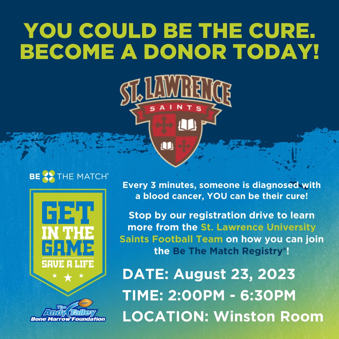 St.Lawrence Football (@slu_football) on Twitter photo Have a great first day of classes, <a href="/StLawrenceU/">St. Lawrence University</a> students!
Also, don't forget to Get In The Game, and Save a Life today! Stop by the Winston Room today from 2-6:30 for more information and to register!
#KeepSwinging Have a great first day of classes, <a href="/StLawrenceU/">St. Lawrence University</a> students!
Also, don't forget to Get In The Game, and Save a Life today! Stop by the Winston Room today from 2-6:30 for more information and to register!
#KeepSwinging