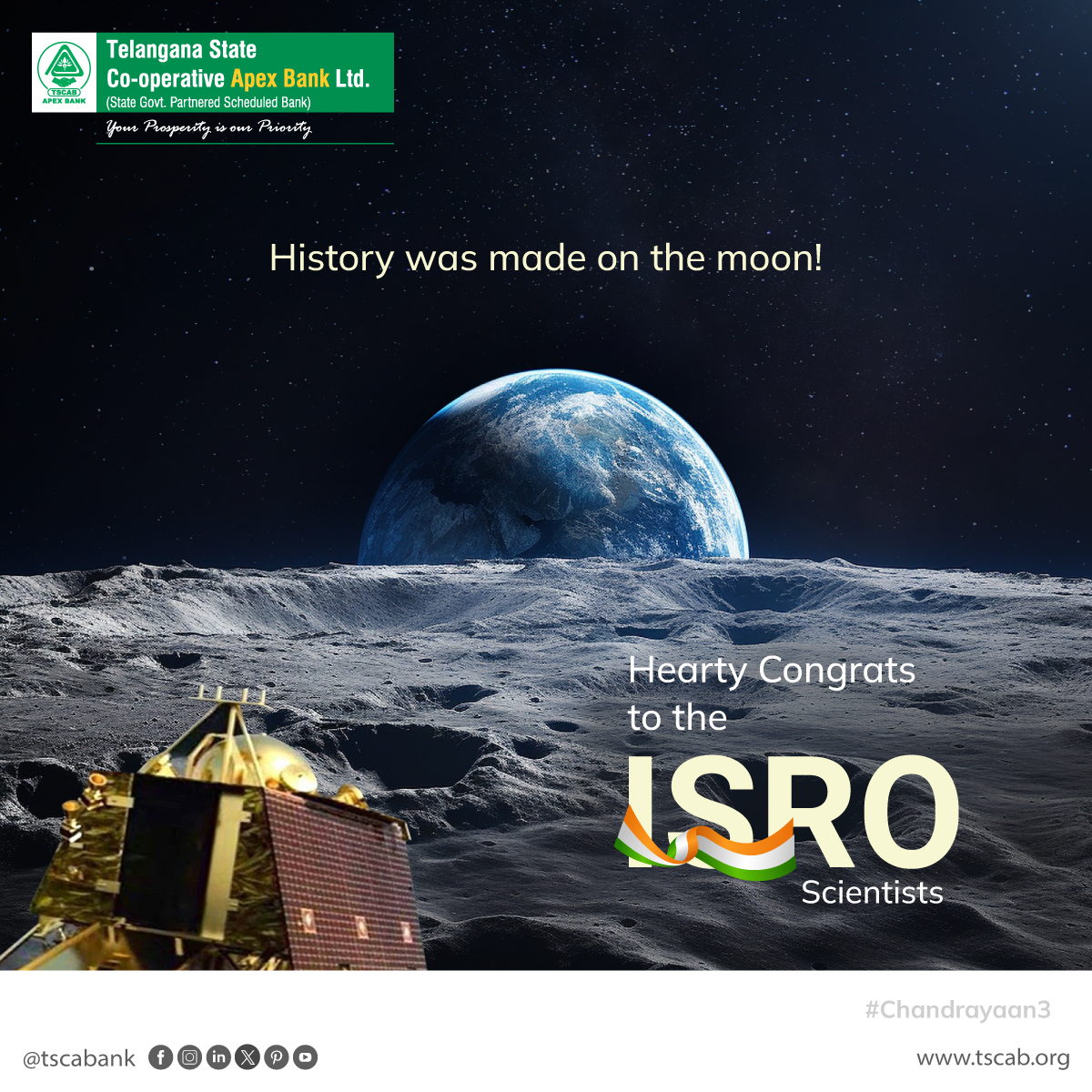 History was made on the moon!

Hearty Congrats to the ISRO Scientists

#TSCAB #telanganastatecooperativestateapexbank #chandrayaan3 #isro #missionmoon #proudofindia #india