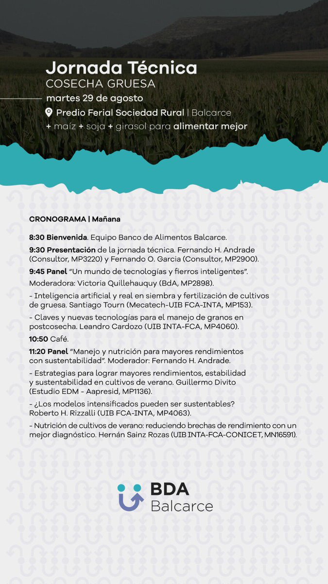 garciaf_nutri's tweet photo. ¡Seis días! JORNADA TÉCNICA 🌻Banco de Alimentos de Balcarce  Cultivos de Cosecha Gruesa “+Maíz+Soja+Girasol para alimentar mejor”🌽
🗓️29 Agosto
⏰8:30hs
📍Soc Rural Balcarce
Entrada: 1 Alimento no perecedero
Inscripción https://t.co/iLScrqy9OB…
@AIABalcarce https://t.co/xQOv7oMsRf
