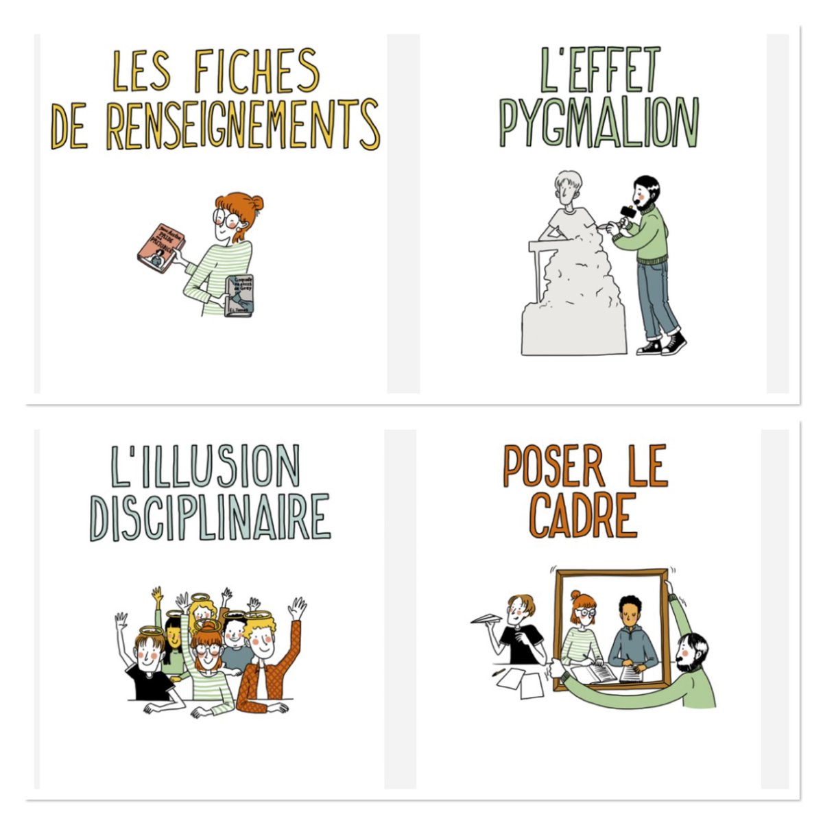 Les 4 bandes dessinées sont désormais disponibles en pdf :)

- Les fiches de renseignements
- L’effet Pygmalion
- L’illusion disciplinaire 
- Poser le cadre

comprendreleseleves.ensfea.fr/bande-dessinee/