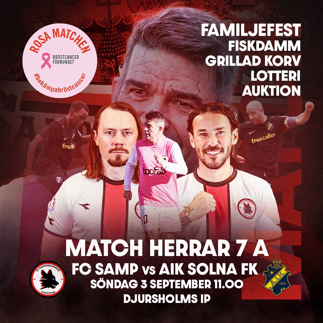 Ekwall's tweet photo. 3 september kl 11:00 kör vi årets Rosa Matchen: @fcsamp vs @AIKfotboll FK på Djursholms IP https://t.co/aOiNKutWQ5