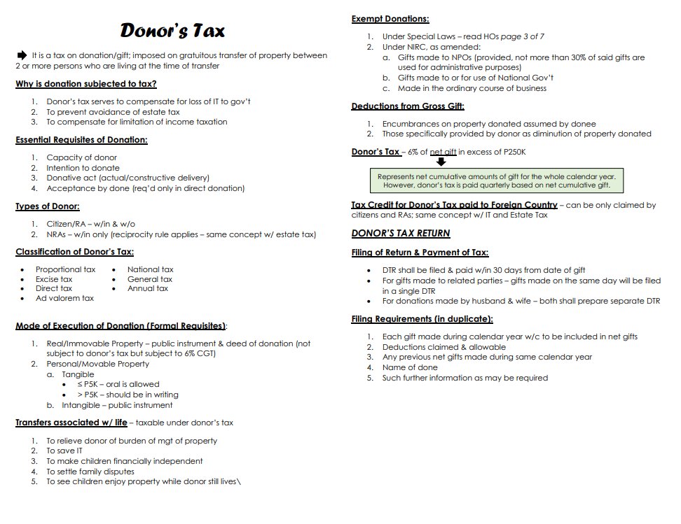 abccpaoct23's tweet image. TAX - Transfer Taxation (Estate &amp;amp; Donor&apos;s Tax) 📝

Reference: REO&apos;s HOs, Sir Rex&apos;s discussion, and Sir Brad&apos;s taxation g-sheets