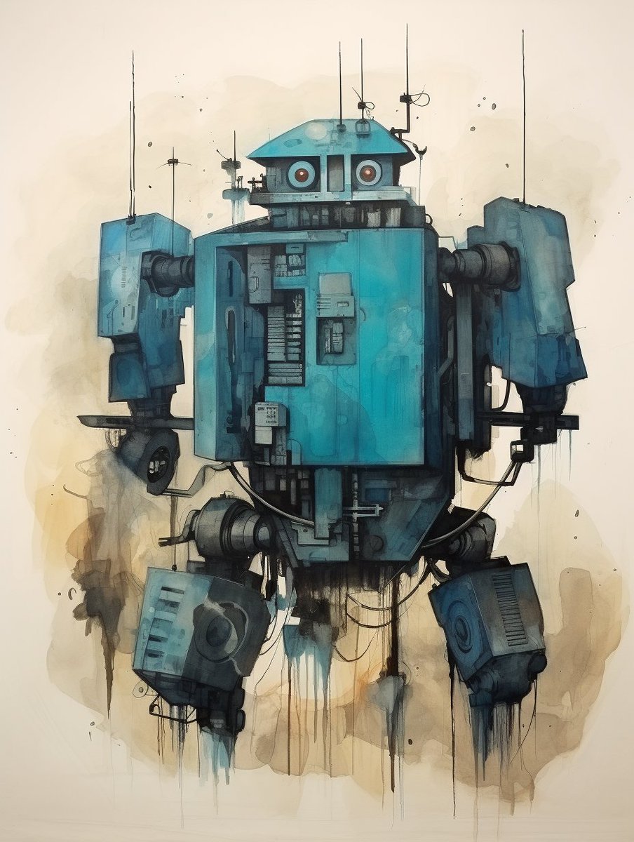 painting of a transformer, in the style of cartoon-like figures, fantastical contraptions, ink-washed, bauhaus, dark cyan and light black, pictorialism --ar 3:4