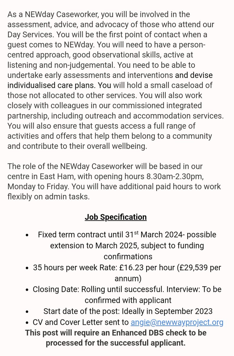 We are also hiring a NEWday (Day Centre) Caseworker. Swipe for all the details and email ami@newwayproject.org for the Job Description.