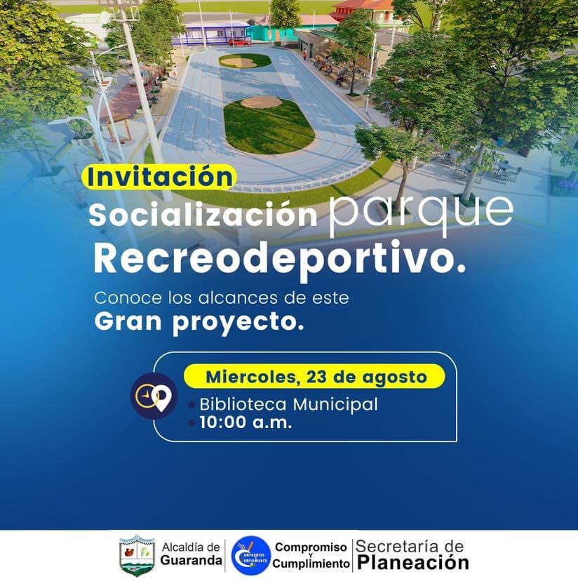 guaranda_suc's tweet photo. ¡Participa en la socialización del nuevo proyecto para nuestro municipio, el parque recreodeportivo! 

📅 Fecha: Miércoles, 23 de agosto. 
🕖 Hora: 10:00 a.m. 
📍 Lugar: Biblioteca Municipal. 

¡No te lo pierdas! Porque Guaranda, somos todos ⚽️🎡⛳️ https://t.co/rRUxvQOsYo
