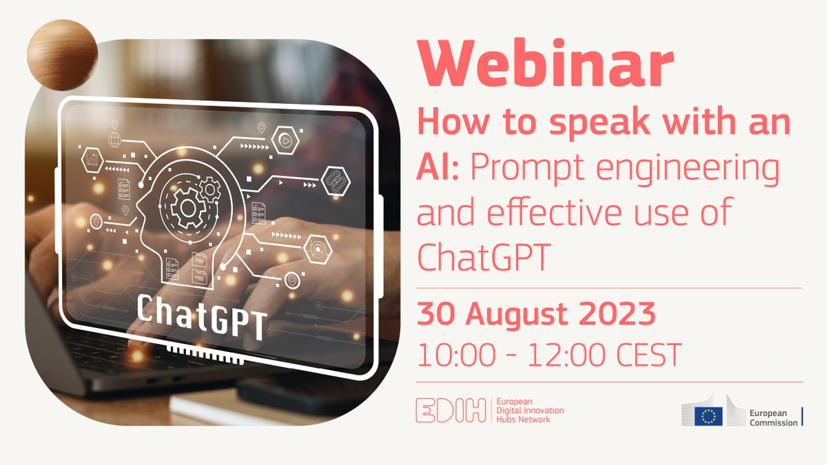 📅 30 August 📍 Online
 📢 Calling all #EDIHs!
 🗣️ Learn how to effectively communicate with AI using ChatGPT!
 🤖💬 Join this #EDIH_Network Academy #TrainTheTrainer course to master prompt engineering and empower your client organizations.
 Enroll here 👉 buff.ly/3QmPy6u