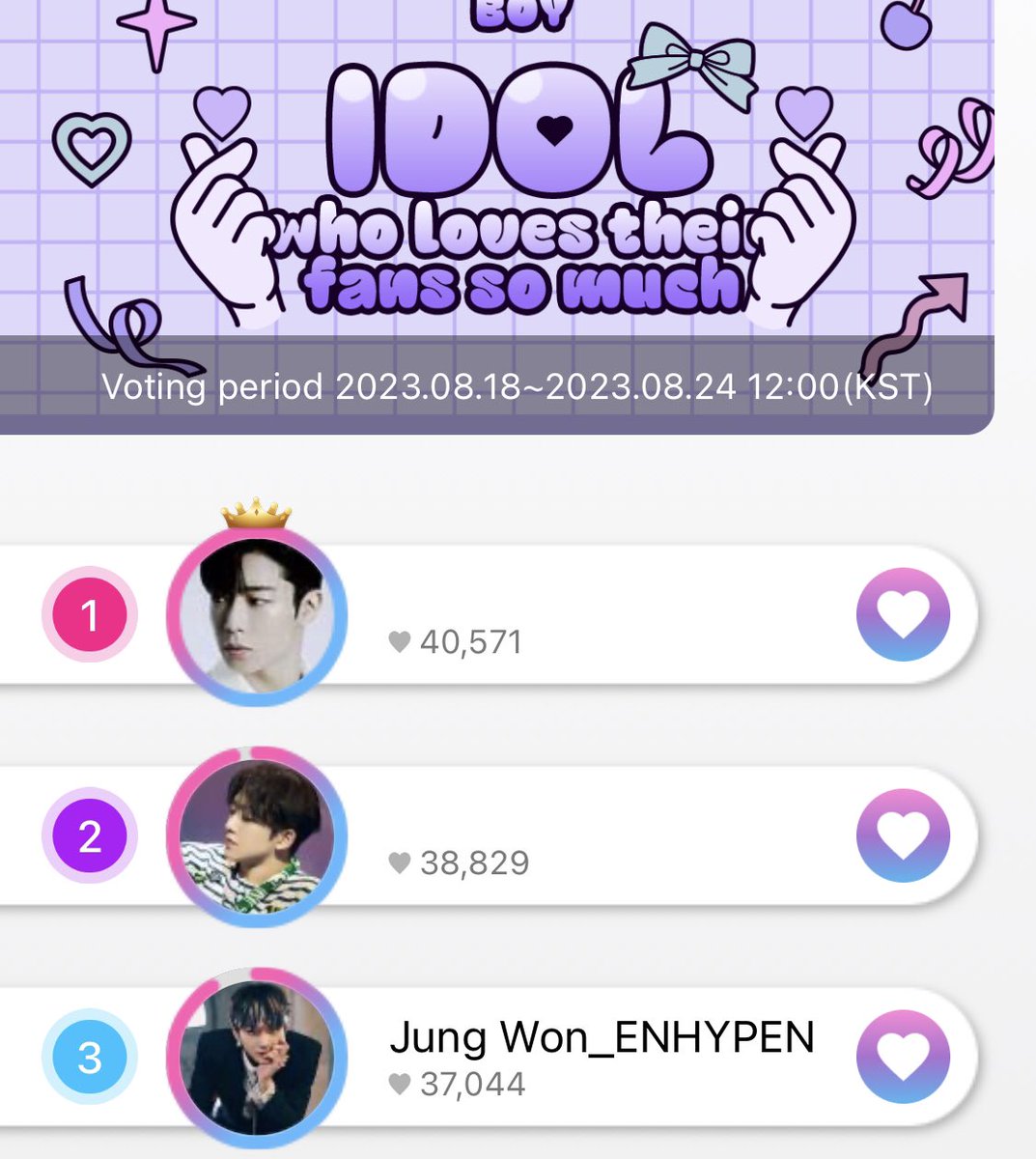 HELLO, ENGENES! 

- pls be reminded about our mc schedule on thekking for #JUNGWON. his rank dropped at 3rd place now and the voting will end tomorrow! pls collect hearts as much as you can. let's win this for our loving leader, THIS TIME ‼️kindly rt to spread!